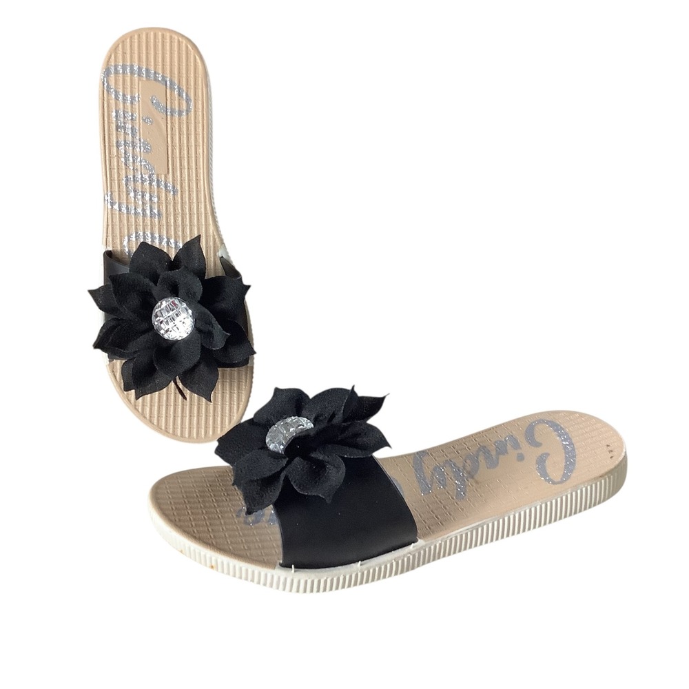 Cindy Claire Sandals Women 11 Slip On Black Floral Studded Open Toe Summer Beach